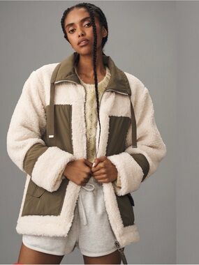Pilcro by Anthropology Women’s S Sherpa Fleece Jacket Cream Olive Utility Coat